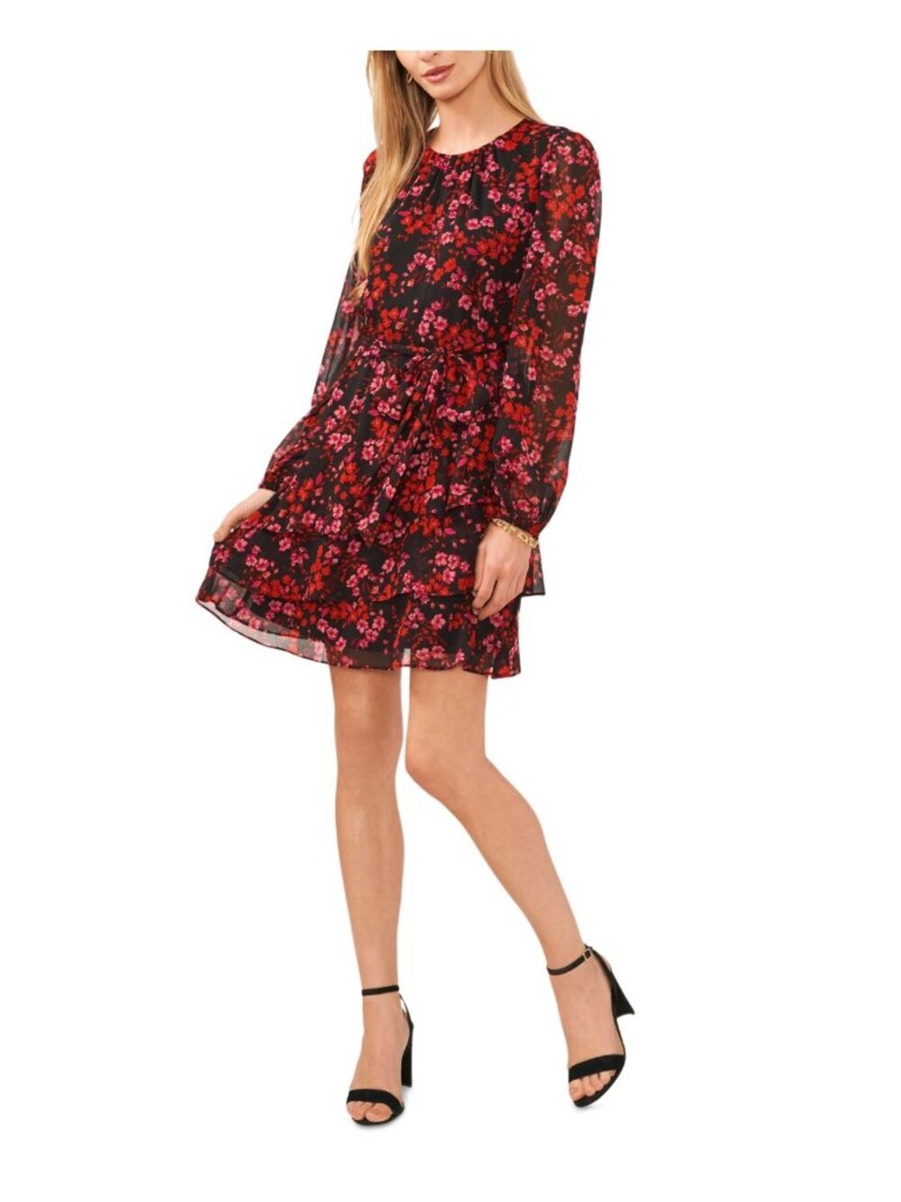 MSK Womens Long Sleeve Floral Print Chiffon MIDI Dress Red Black Size Small NWT